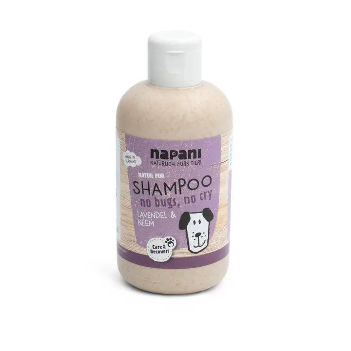 "No bugs, no crying" Shampoo for dogs with lavender and neem.